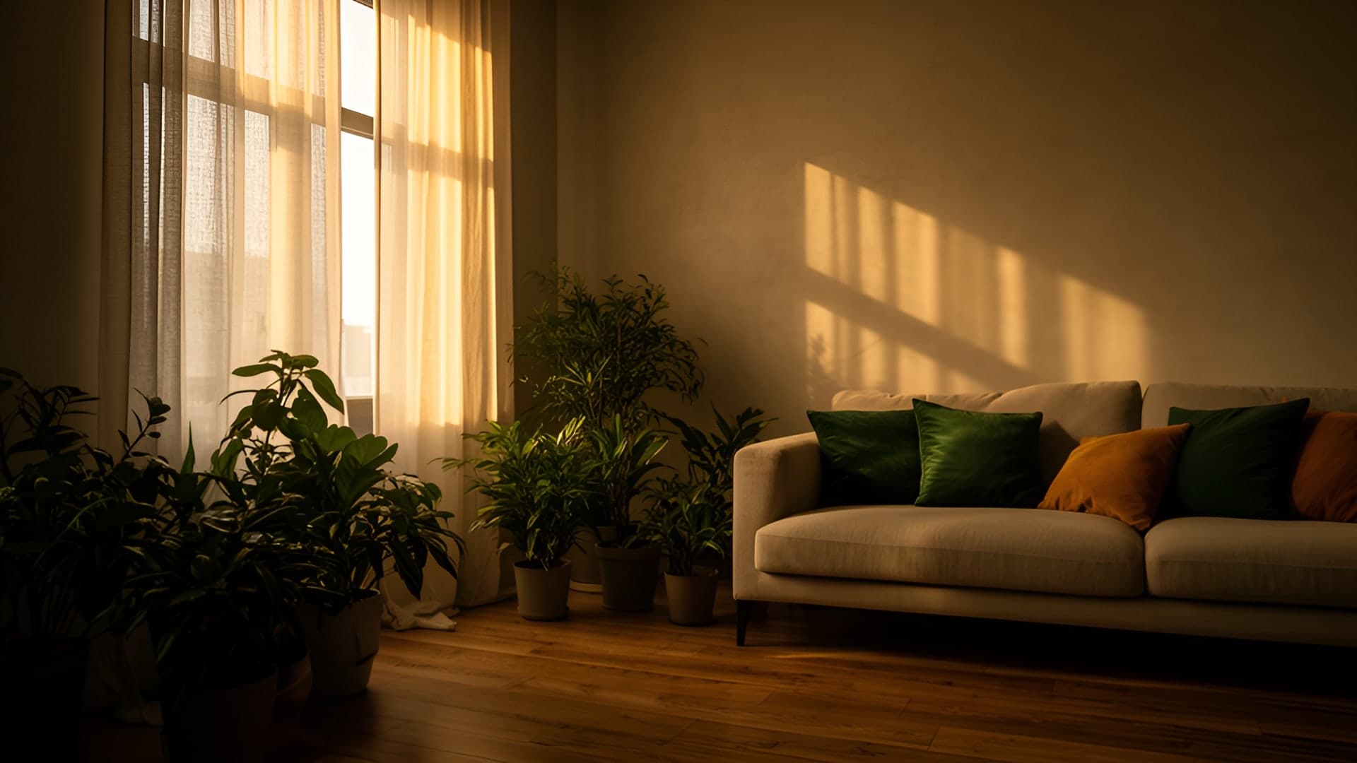 Saulės apšviesta jauki svetainė su augalais ir sofa ryto šviesoje