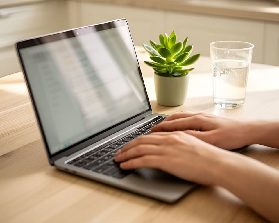 Rankos rašo žinutę nešiojamu kompiuteriu prie virtuvės stalo
