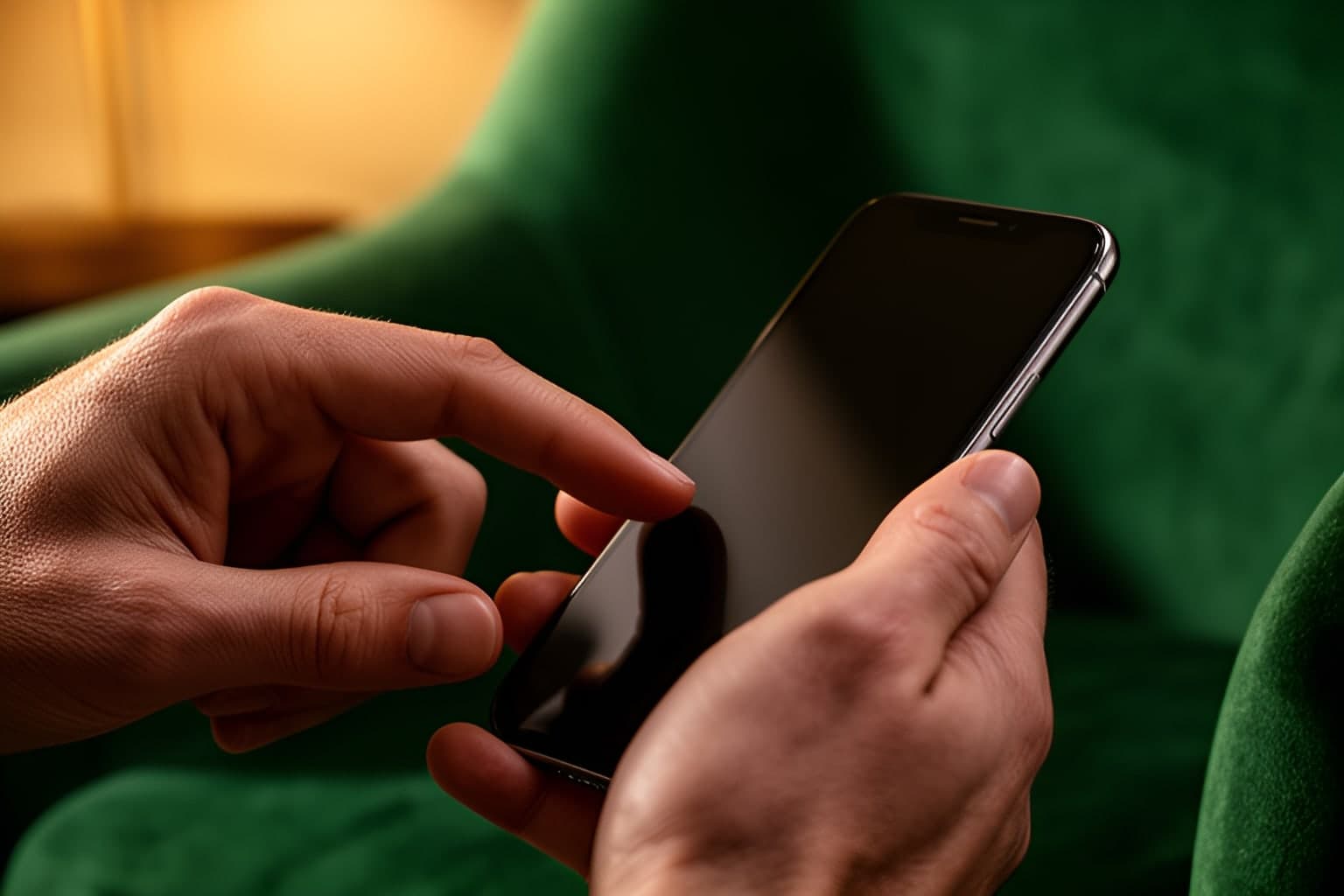 Rankos laiko išmanųjį telefoną jaukiame kambaryje